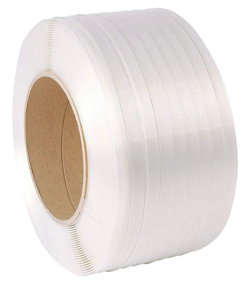 Top Tier Half Inch Polypropylene Strapping 9900 Ft Roll White Machine Grade Packing Band for warehouse use on a spool.