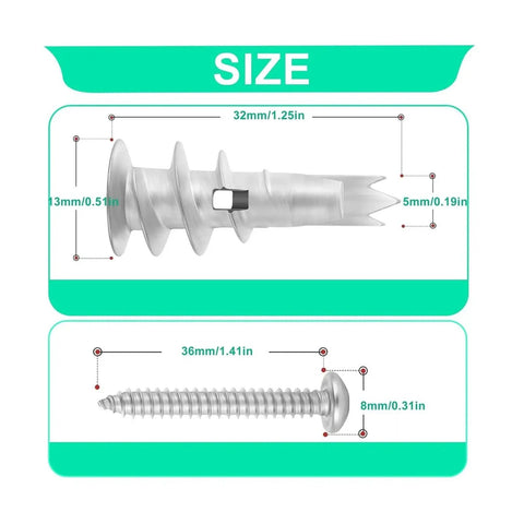 Diagram of Heavy Duty Zinc Self Drilling Drywall Anchors Kit With Screws For Strong Indoor Mounts, showing dimensions.
