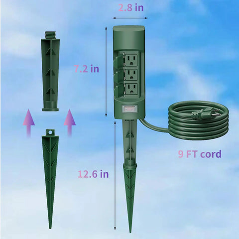 Outdoor Power Stake With Six Outlets, 9 Ft Extension Cord, Dual Sided Weatherproof Power Strip With Flip Covers, ETL Certified