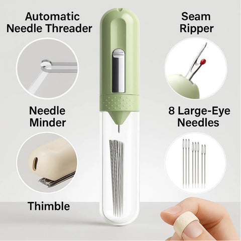 Image of Must Have All In One 5 In 1 Automatic Needle Threader With Seam Ripper Magnetic Needle Minder Thimble And 8 Hand Sewing Needles