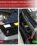 Before and after images showing Heavy Duty Battery Hold Down Clamp Kit for Ford Mercury Lincoln Cars installation process.