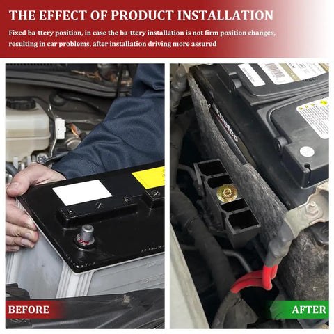 Before and after images showing Heavy Duty Battery Hold Down Clamp Kit for Ford Mercury Lincoln Cars installation process.