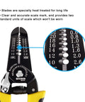 Close-up of 2-Pack Pro-Grade Wire Stripper And Cutter Set For 10-22 AWG scale markings, ergonomic handle, precise insulation removal