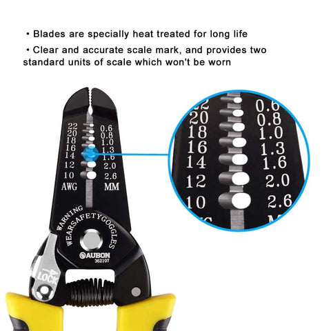 Close-up of 2-Pack Pro-Grade Wire Stripper And Cutter Set For 10-22 AWG scale markings, ergonomic handle, precise insulation removal