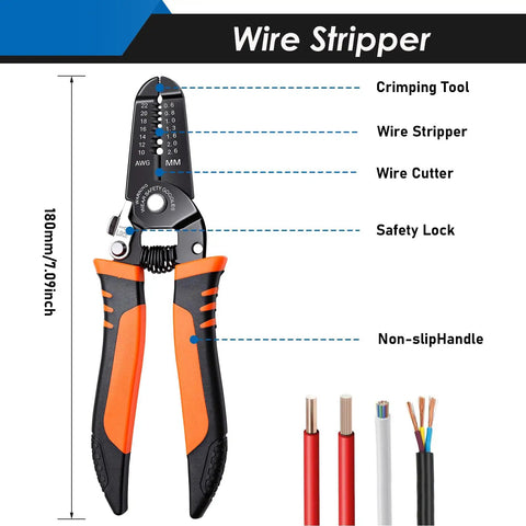Illustration of wire stripper tool with labeled features for the 532 Piece Heat Shrink Kit With Mini Heat Gun For Wiring Solder Seal.