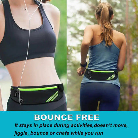 No Bounce Slim Running Belt Fanny Pack for Hiking and Cycling with Reflective Jogging Pouch shown on woman jogging