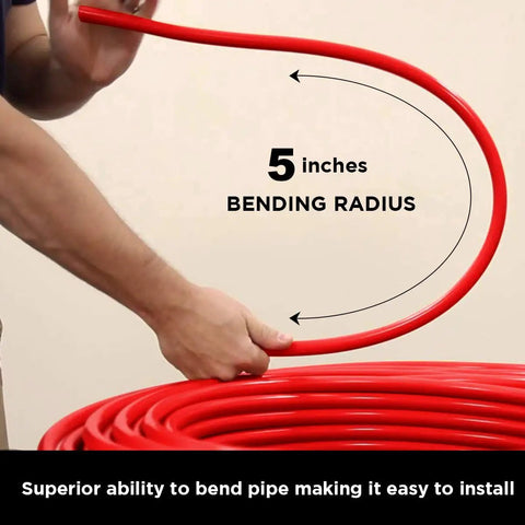 3/4 Inch PEX B Red Tubing 300 Ft For Hot Water And Potable Water Lines Indoor Outdoor Use bent to show 5 inch radius