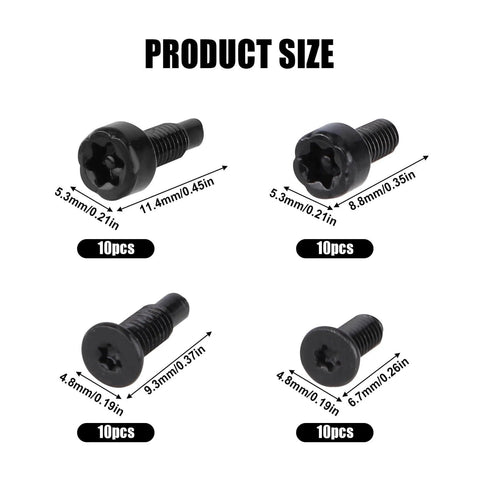 Image showing product size and quantity of 40 Pieces Doorbell Screws Replacement Kit With T6 And T15 Security Screws For Video Doorbell 3 And Pro Includes Short And Long Lengths Carbon Steel Zinc Plated Durable Hardware Accessory Set Beefed Up Protection, featuring various screw sizes in black.