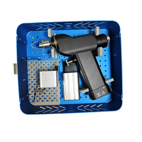 Top Shelf Electric Cannulated Drill For Veterinary Bone Surgery Featuring Rock Solid Stepless Speed Control with sterilization box.