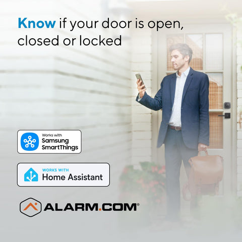 Man checking phone near entrance with Top Shelf Z Wave Deadbolt Smart Lock delivering smooth long range reach and intuitive app control.