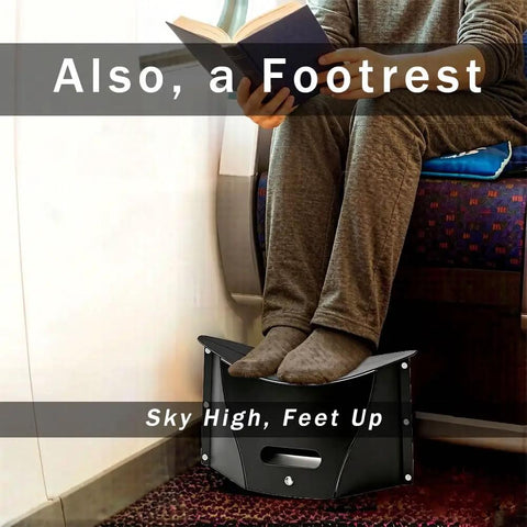 Person using Ultralight Folding Camping Stool For Hiking And Outdoors, Ultra Packable Grab And Go Collapsible Chair as footrest on train