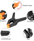 Heavy Duty 4.5-Inch Spring Clamps 20 Pack Pro Grade Nylon Construction With Removable Orange Jaw Pads showing rotatable design and grip