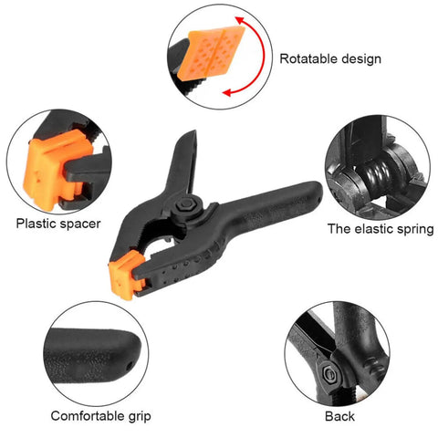 Heavy Duty 4.5-Inch Spring Clamps 20 Pack Pro Grade Nylon Construction With Removable Orange Jaw Pads showing rotatable design and grip