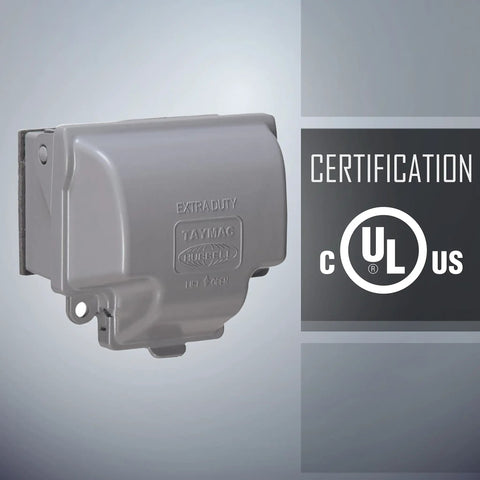 RaynGuard Extra Duty Built Tough Metal Weatherproof In-Use Outlet Cover for Outdoor 1-Gang Gray with CULus certification logo.