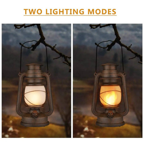Battery Operated LED Vintage Lanterns With Remote, Rustic Outdoor Decor, showing two lighting modes on vintage-style oil lanterns.