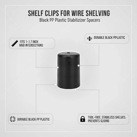 Stabilize Wire Shelving With Black PP Plastic Clips That Snap On To Grid Intersections, Fits 1 To 1.7 Inch Spacing, Heavy Duty Rack Shelf Support