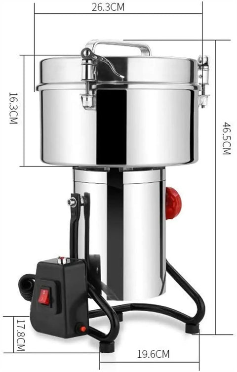 Electric Grain Grinder 4500G Beast Power Heavy Duty Pulverizer with dimensions, stainless steel, for home kitchen use.