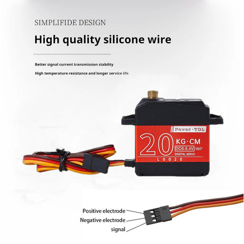 20Kg High Torque Digital Servo Motor with silicone wire and labeled power connection for RC models and DIY rigs