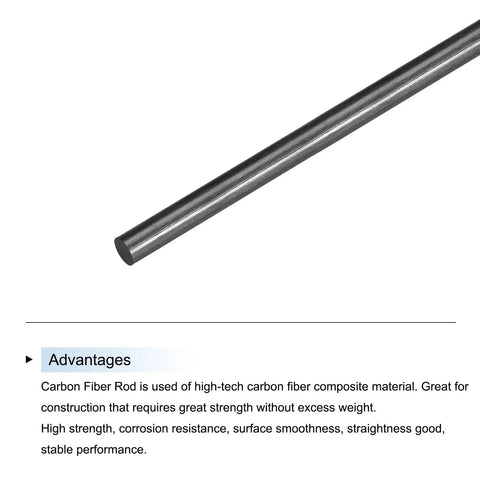 Five Piece Pack Carbon Fiber Rods 8mm X 400mm For RC Planes And Drones, shown with material advantages listed.