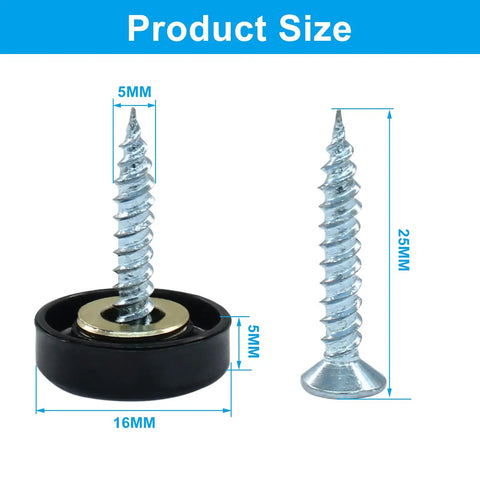 Sleek Stainless Steel Decorative Screw Caps For Wall Frames And Mirrors Rustproof 16mm black hardware covers with detailed size measurements.