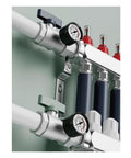 Six Loop Stainment Steel Manifold For Radiant Heat With Flow Meters And One Half Inch Compression Fittings For Hydronic Infloor Heating System Pro Grade Build Homeowner Friendly Heavy Duty Ready To Install Auto Air Drain Mounting Hardware Included.