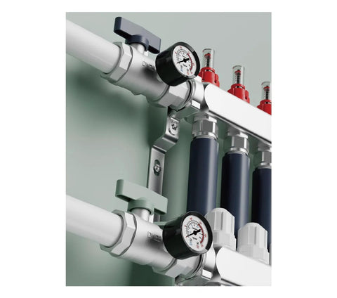 Six Loop Stainment Steel Manifold For Radiant Heat With Flow Meters And One Half Inch Compression Fittings For Hydronic Infloor Heating System Pro Grade Build Homeowner Friendly Heavy Duty Ready To Install Auto Air Drain Mounting Hardware Included.