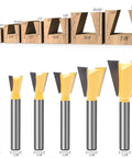 Six Size Dovetail Router Bit Set With 1/4 Inch Shank For Boxes Drawers And Chests Includes 1/4 3/8 1/2 5/8 3/4 And 7/8 Inch Cutting Diameters