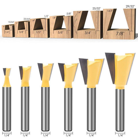 Six Size Dovetail Router Bit Set With 1/4 Inch Shank For Boxes Drawers And Chests Includes 1/4 3/8 1/2 5/8 3/4 And 7/8 Inch Cutting Diameters