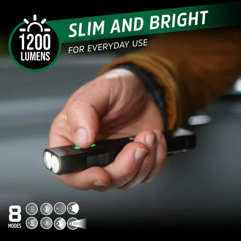 Person holding 1200SL-R Flat Rechargeable LED Flashlight for EDC and Tac Use