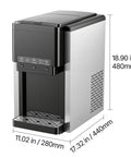 Effortless Countertop Water Dispenser And Rapid Ice Maker with measurement details, sleek stainless steel design for home kitchen use.