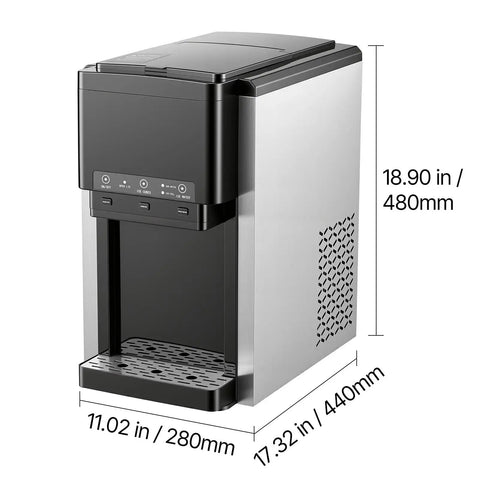 Effortless Countertop Water Dispenser And Rapid Ice Maker with measurement details, sleek stainless steel design for home kitchen use.
