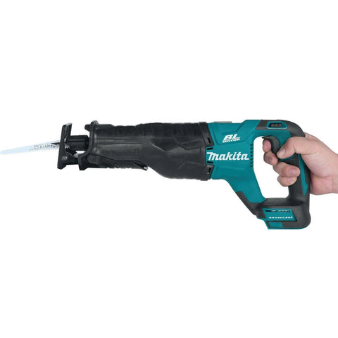 Hand holding 18V LXT Brushless Cordless Reciprocating Saw Tool Only With Variable Speed Trigger And Toolless Blade Change, 0 to 2300 And 0 to 3000 SPM