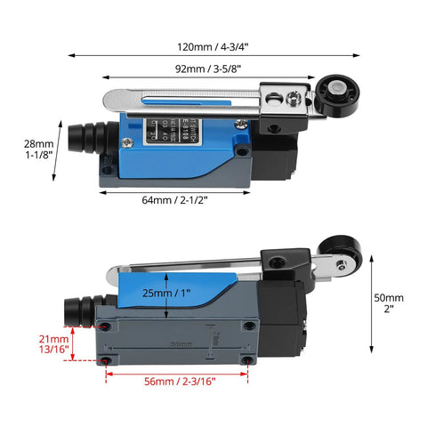 Duo Pack Adjustable Roller Lever Arm Momentary Limit Switch With DPDT NC NO Contacts For CNC Mills And Routers Metal Construction Mini Limit Switch Set, 120x28x50mm