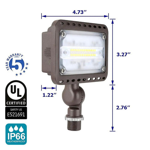 Outdoor LED Flood Light 16W 1500 Lumen Walkway Security Light 3000K Warm White Waterproof With Rustproof Aluminum One Half Inch Knuckle Mount 120V UL Listed Built Tough As Nails Nighttime Glow dimensions and certifications.