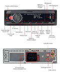 Single Din Car Stereo Bluetooth 5.0 Multimedia Receiver with LCD, controls labeled, front and rear views, red accented buttons.
