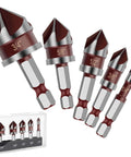 Amazon 5-piece countersink drill bit set, HSS 82°, 3/4 to 1/4 in, hex shanks, plastic case
