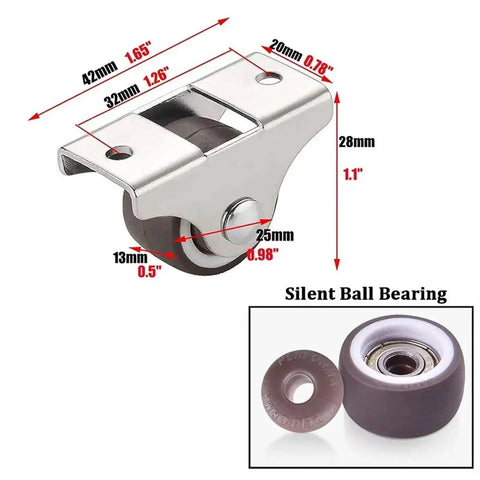 Low Profile 1 Inch Silent Ball Bearing Casters 4 Pack Mini Furniture Wheels For Beds And Drawers with dimensions and clear design.