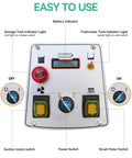 Control panel of Cordless Walk-Behind Commercial Floor Scrubber Pro with indicator lights and switches labeled for easy use.