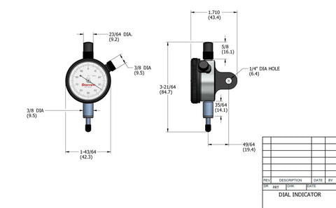 Technical drawing of Pro Grade Dial Indicator With Three Eighths Inch Stem, Lug-On-Center Back, White Dial, 1.6875 Inch Dial.