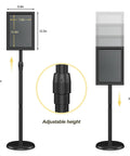 Sign Holder Floor Stand 8.5x11 Inch With Adjustable Height And Tilt Heavy Duty Base Snap Open Frame Floor Display, shown with measurements