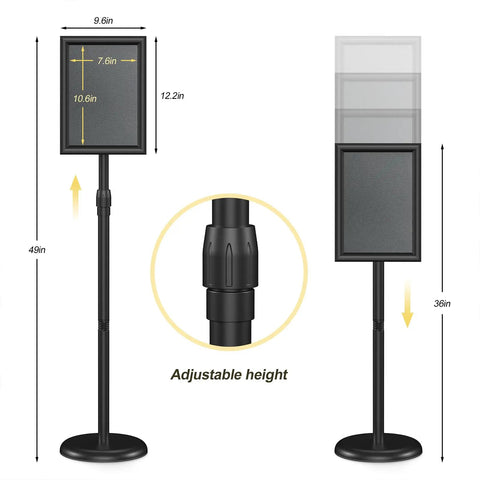 Sign Holder Floor Stand 8.5x11 Inch With Adjustable Height And Tilt Heavy Duty Base Snap Open Frame Floor Display, shown with measurements
