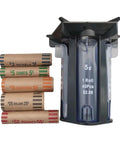 5in1 Coin Counter And Sorter With Tube Wrapper Holder next to rolled coin tubes, compact coin sorting machine