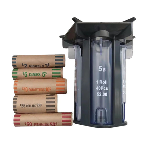 5in1 Coin Counter And Sorter With Tube Wrapper Holder next to rolled coin tubes, compact coin sorting machine
