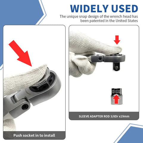 Flex Head Ratcheting Wrench Set 8 To 22 Mm Metric, 72 Tooth, showing flexible head usage with adapter in hand