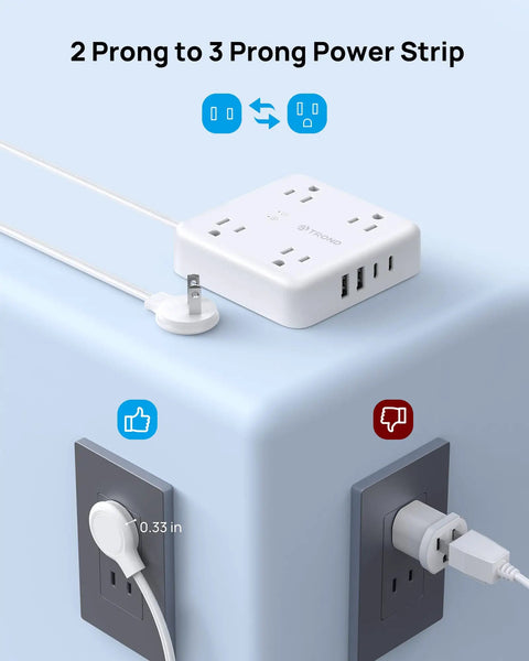 Two Prong Power Strip With Five Foot Cord 1440J Surge Protector Eight In One Charging Station on a blue surface.