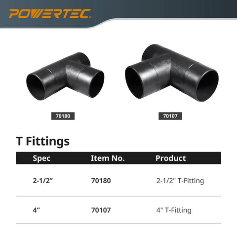 Black ABS 4 Inch T Fitting for Dust Collection Hose Dual Port Connector, non-threaded, easy install, shown with 2.5 Inch T-Fitting.