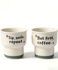 Ceramic Demitasse Espresso Cups Set Of 2, 3.52 Oz Handleless Demitasse Mugs with text design, stackable, green base