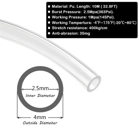 Technical diagram of Clear PU Pneumatic Tubing 4mm Outer Diameter by 2.5mm Inner Diameter, showcasing dimensions and specifications.