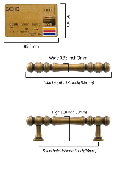Dimensions of 10 Pack 3 Inch Antique Brass Cabinet Pulls, Vintage Zinc Alloy Handles shown with credit card for scale.