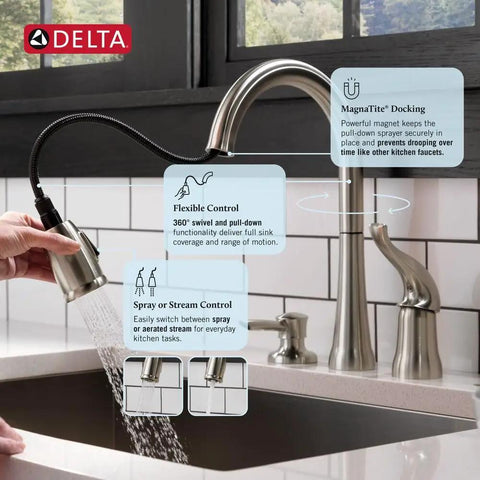 Rugged Brushed Nickel Kitchen Faucet With Butter Smooth Pull Down Spray And Built In Soap Dispenser Quick Fit Zero Sweat Two Hole Mount Single Handle Sink Fixture Leak Tight Seal Guard For Everyday Life Prep showing flexible control.